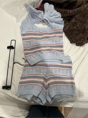 Forever 21 Light Blue Striped Knit Tank & Shorts Set